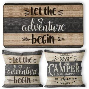 Camper Decor Set Door Mat 30x17 with 2 Pillow Covers 18x18 RV Adventure Begin